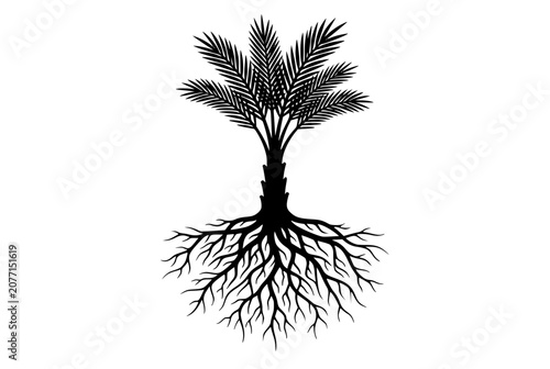 Palm tree silhouette with visible root system illustration