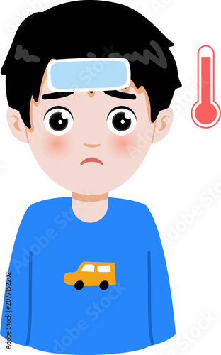 Cartoon Illustration of a Boy Feeling Fever