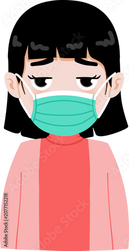 Cartoon Illustration of a Girl Wearing Medical Mask because Sick