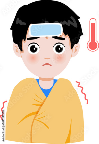 Cartoon Illustration of a Boy Wrapped in Blanket Feeling Fever Cold