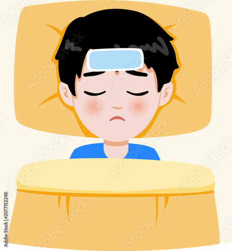 Cartoon Illustration of a Boy in Bed with Fever