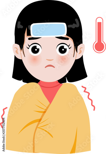 Cartoon Illustration of a Girl Wrapped in Blanket Feeling Fever Cold