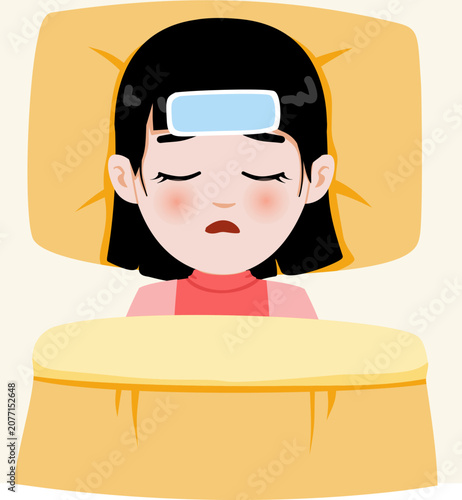 Cartoon Illustration of a Girl in Bed with Fever