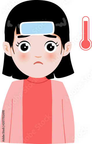 Cartoon Illustration of a Girl Feeling Fever