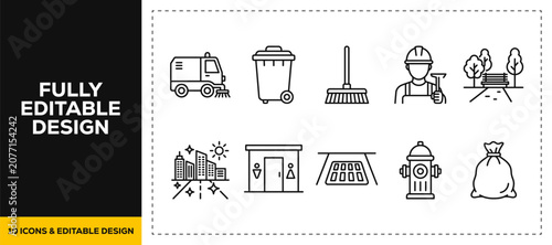 Fotografie flat vector illustration line art icon bundle set design depicting street cleani
