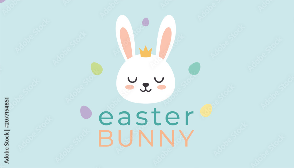Fototapeta premium Cute easter card featuring a white bunny head with a golden crown and colorful eggs on a light blue background.