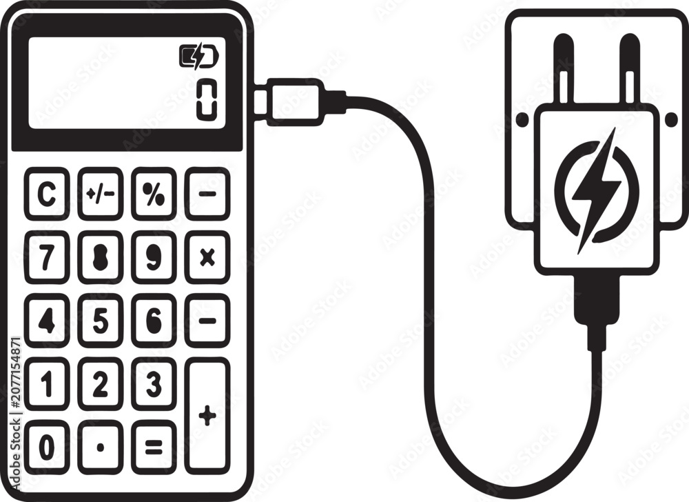 Fototapeta premium Minimalist Black and White Line Illustration of a Digital Calculator Charging from a Wall Power Outlet