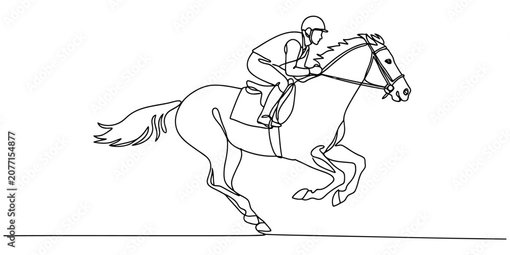 Fototapeta premium Continuous single line drawing of a jockey riding a fast running horse in a race