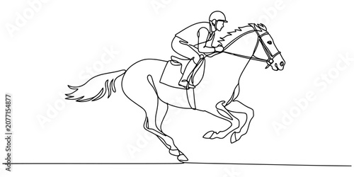 Foto Continuous single line drawing of a jockey riding a fast running horse in a race
