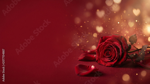 Luxury red rose background with romantic heart bokeh lights and large copy space for valentines