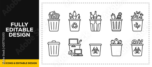Cuadro en lienzo flat vector illustration line art icon bundle set design featuring trash bin con