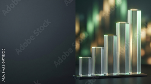 Luxury glass bar chart growing financial graph concept background with bokeh and copy space