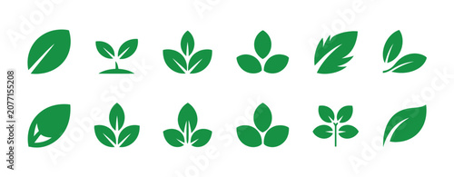 Leaf sprout icon set featuring green plant, fresh herb, and vegan nature symbols for eco branding, organic products, and sustainability design.