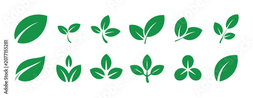 Leaf sprout icon set featuring green plant, fresh herb, and vegan nature symbols for eco branding, organic products, and sustainability design.