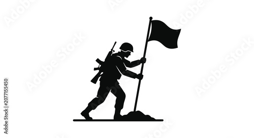 Bilde på lerret Soldier Silhouette With Flag On Hill Black And White Graphic