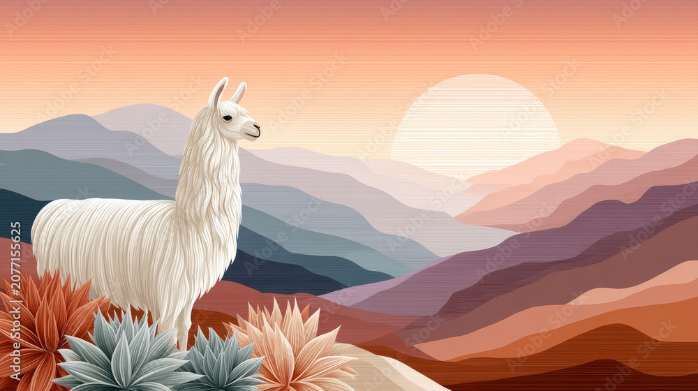 Fototapeta premium an illustrated white llama standing in a desert landscape with spiky succulents in the foreground and layered, sunset-hued mountains under a large, soft sun.