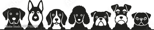 Group of cute dog faces in a row black and white silhouette icon set of different breeds looking forward