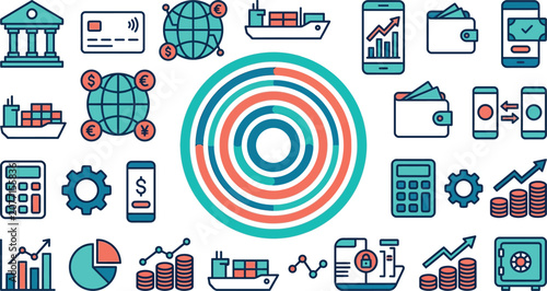 Set of colorful business and finance icons with bank credit card globe graph and money symbols