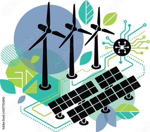 Wind turbines and solar panels with digital technology circuit elements for sustainable green energy concept design