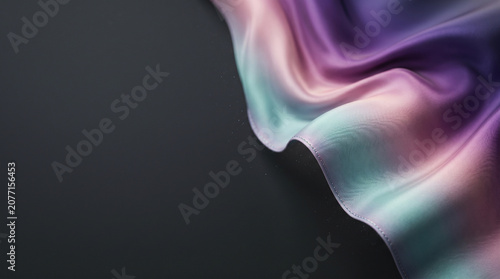 Elegant silk fabric background with flowing purple and teal gradient waves and copy space