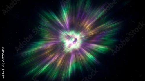 Vibrant supernova explosion radiating bright purple and green light waves across the dark vast cosmic void creating a stunning display of stellar energy and motion