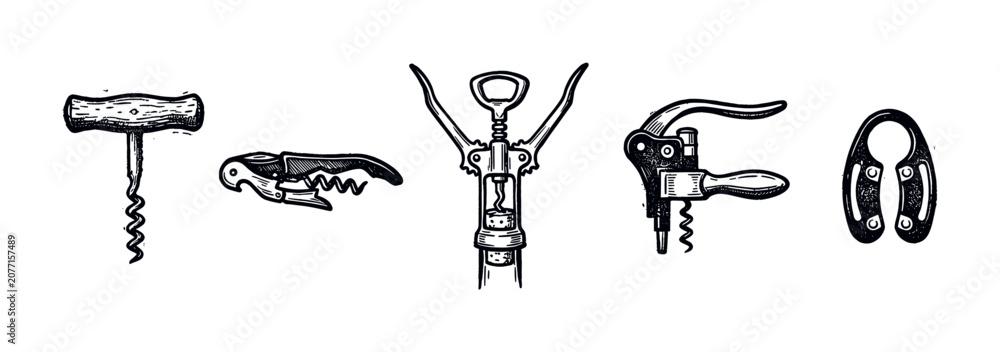 Naklejka premium Collection of five different vintage corkscrew designs, hand-drawn in a black and white sketch style on a clean white background