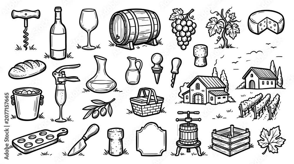 Obraz premium Collection of hand-drawn wine-related objects and vineyard elements, including bottles, grapes, barrels, and houses, presented as a black and white doodle set on a clean white background