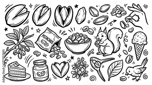 Various hand-drawn pistachio elements including nuts, a squirrel, ice cream, and a cake slice, presented as a black and white doodle set