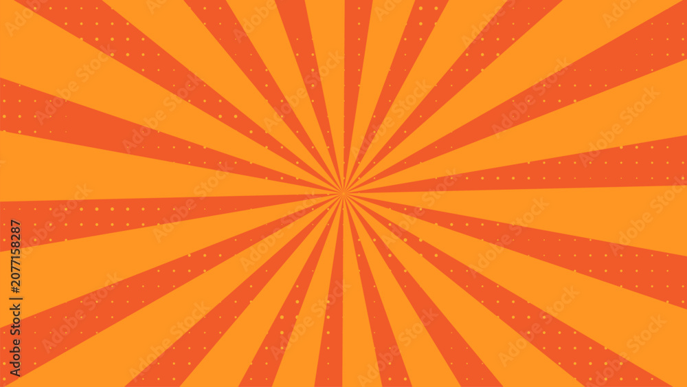 Obraz premium Sunburst background with orange radial stripes and halftone dots for retro comic graphic.