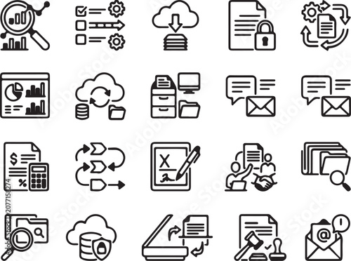 Professional Business Data Management and Document Processing Linear Icon Set for Office Technology