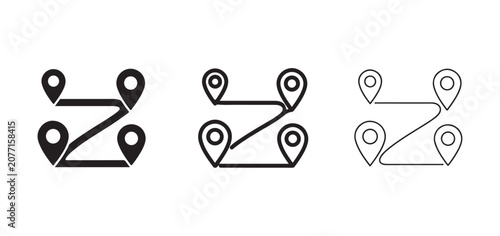 Navigation route map icons with location pins and paths  various line styles for design elements