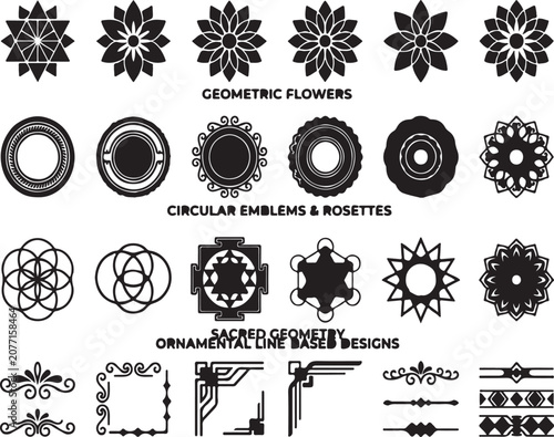 Vector Set of Geometric Floral Mandalas and Ornamental Decorative Border Elements for Graphic Design