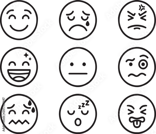 Set of Linear Face Emoji Icons Expressing Various Human Emotions and Moods