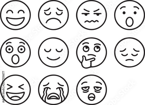 Set of Linear Vector Emoticons Displaying Various Human Emotions and Facial Expressions for Digital Communication