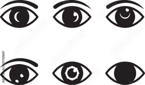 Set of stylized eye icons representing vision and perception, ideal for health or technology applications
