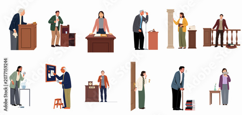 Quadro su tela Collection of diverse cartoon characters in various courtroom scenarios including witnesses, lawyers, and judges participating in legal proceedings and trials