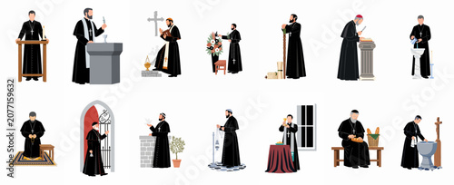 Fotografie Set of fourteen illustrations depicting Catholic priests performing various religious duties, rituals, and ceremonies in traditional black cassocks and clerical attire