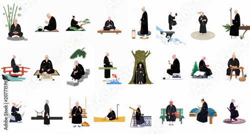 Obraz na plátně Large collection of flat vector illustrations featuring a wise elderly Zen monk engaged in various traditional Japanese activities and meditative practices
