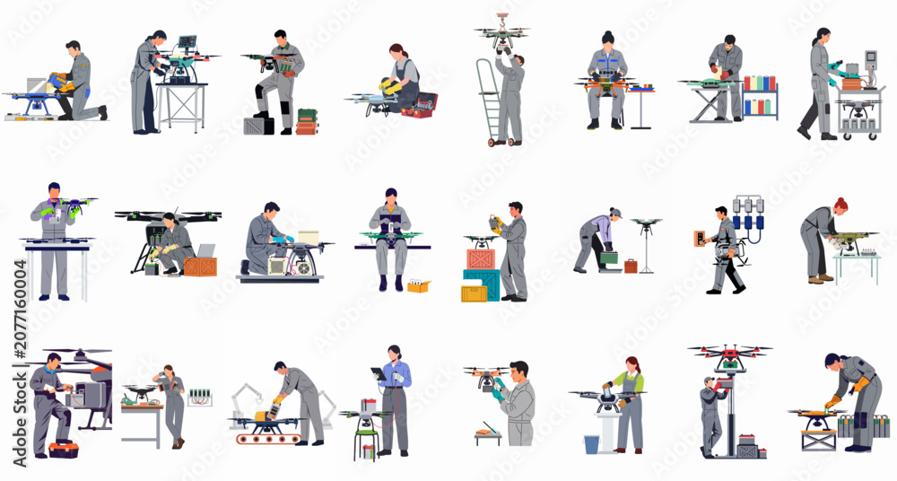 Fototapeta premium Comprehensive collection of illustrations featuring technicians and engineers repairing, assembling, and maintaining professional drones in various industrial and workshop settings.