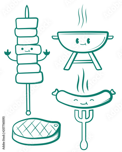 Cute Kawaii Barbecue Characters Vector Set Pastel Colored Flat Style BBQ Food Illustration, Hand Drawn Cartoon Grill, Sausage, Steak, Skewer, and Picnic Food Collection