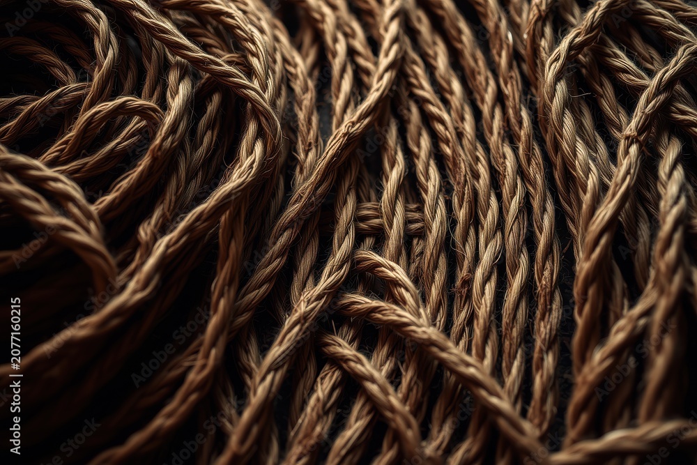 Fototapeta premium Closeup view shows twisted strands, brown tones dominate. Texture appears rough, natural fibers create complex pattern. Dark background enhances contrast.
