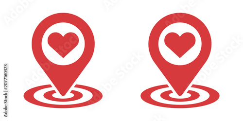 Love location icon featuring map pin with heart symbol for favorite places, romantic destinations, navigation apps, and travel interface design.