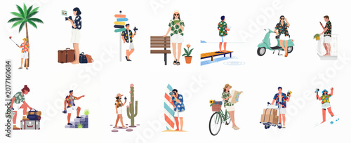 Collection of flat vector illustrations featuring diverse tourists in tropical attire participating in various vacation and travel activities on a white background.