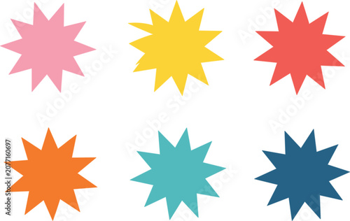 Starburst Badge Icons, Colorful Geometric Shapes Vector Collection Promotional Design Elements Illustration Set