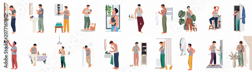 Foto Collection of various men in pajamas applying deodorant and performing daily morning hygiene routines in different bathroom settings