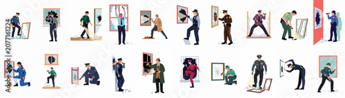 Fotografie Vector illustrations of police officers and detectives examining shattered glass and broken windows at crime scenes, searching for evidence with flashlights