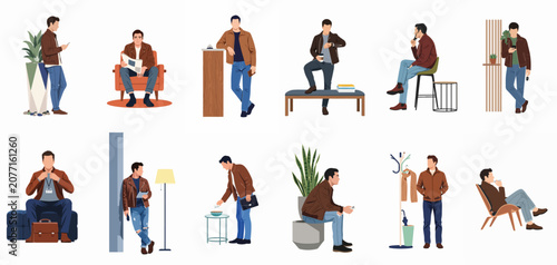 Set of Flat Illustrations Featuring a Man in a Brown Leather Jacket and Jeans in Various Casual and Professional Poses