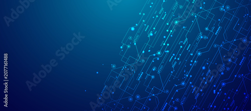 Fotografie Abstract technology background with blue glowing circuit lines and data nodes