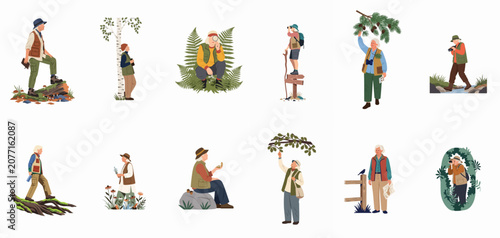 Konstfotografi Collection of active seniors enjoying outdoor nature activities, birdwatching, hiking, and exploring the wilderness in flat illustration style