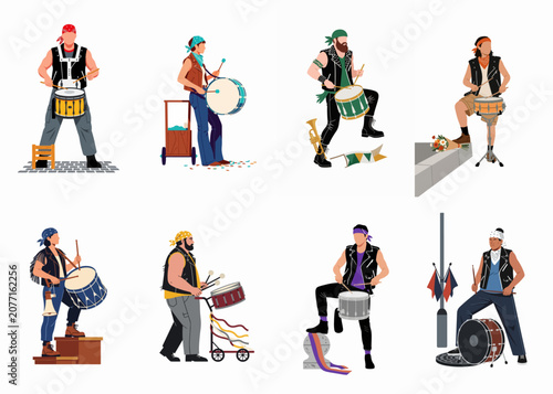 Schilderij op canvas Collection of diverse male drummers in rocker attire playing various drums in a